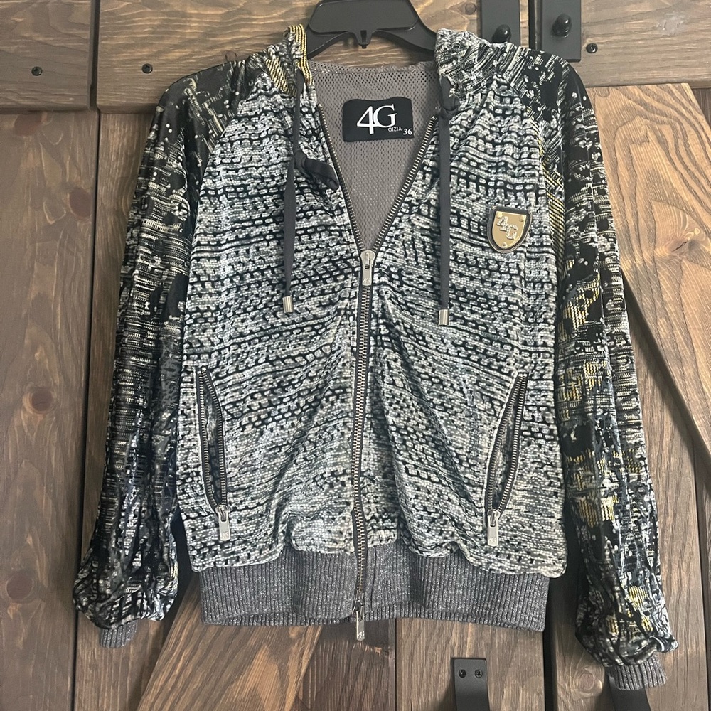 4G Gizia Patterned Velour Zip-Up Hoodie